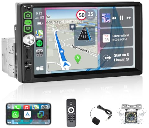 1Din Autoradio mit Bildschirm - 7 Zoll Auto Radio Touch Display - Carplay und Android Auto Radio - Mirror Link Bluetooth FM SWC AUX + Rückfahrkamera