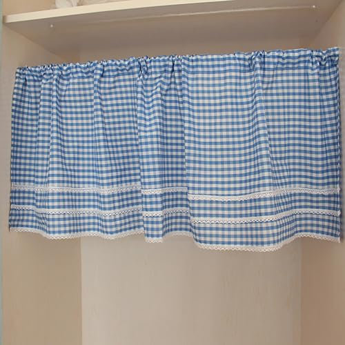 LNGFSH Karierte Küche Gardine Scheibengardine Bistrogardinen Verdunkelung Landhausstil Kurzgardine Tunnelzug Bistrogardine mit Spitze Vorhang Schlafzimmer (Blau,W x H 150 x 30cm)