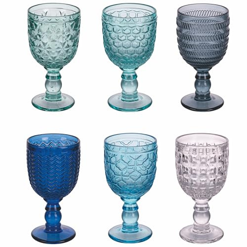 Villa d'Este Home Tivoli 6er Set Sektkelch 280ml aus Glas, Oberfläche bearbeitet, Geometrie Ocean