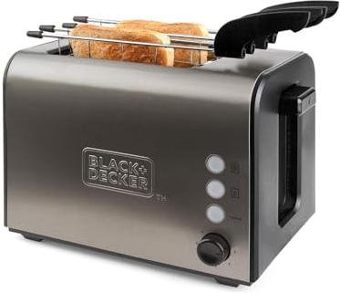 Toaster mit 7 Bräunungsstufen, 2 Schlitzen und herausnehmbaren Zangen – Auftaufunktion, Aufwärmfunktion, Toast, Krümelschublade, 26,5 x 18 x 19 cm, aus Edelstahl, Grau, 900 W