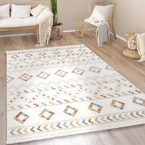 Paco Home Teppich Wohnzimmer Kurzflor Boho Modern Ethno Skandinavisch Geometrisches Muster Fransen, Grösse:160x230 cm, Farbe:Bunt 6