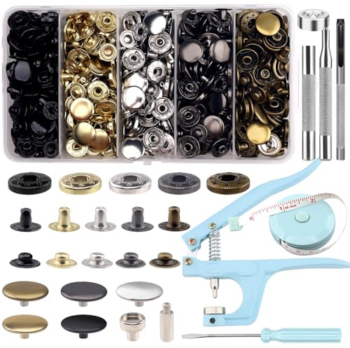 Druckknopf Set mit Zange, Druckknöpfe, Druckknopf 512 Set, Druckknöpfe 15mm, 5 Farben Druckknopf mit Basis, Stanzwerkzeug, Spitzes Werkzeug, Konkaves Werkzeug für Nähen, Leder, Kleidung, Jeans trägt
