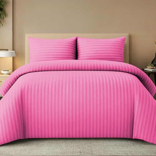 Pamposh Parures de lit à Rayures en Relief Housse de Couette de qualité hôtelière supérieure Linge de lit hypoallergénique en Microfibre Ultra Douce (1-Rose Foncé, Super King (220 x 260 cm))