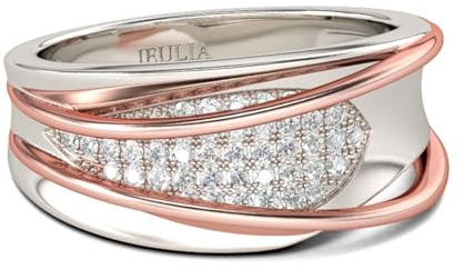 Jeulia 925 Silber Ringe Frauen zweifarbiger Damenring Breiter Verlobungsring Ewigkeitsringe Eheringe mit rundem Schliff für Geburtstag, Weihnachten, Valentinstag (Silber, Roségold, 58(18.5))