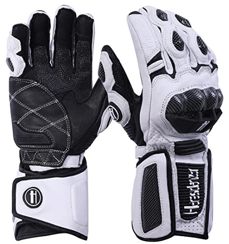 Harssidanzar Powersports KM045UK - Guantes de cuero para motocicleta para hombre y mujer, protección de nudillos, color blanco y negro, talla M