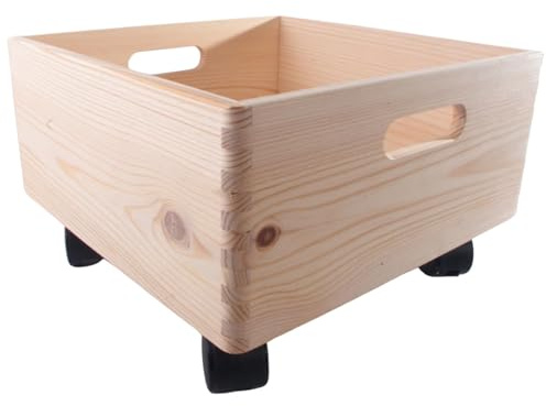 WooDeeDoo Square Wooden Underbed Storage Box on Wheels 30 x 30 x 19 cm – Unfinished Pine Crate with Handles – Open Top 9L Chest for Toys Clothes Crafts Bedroom Bathroom Kitchen Garage