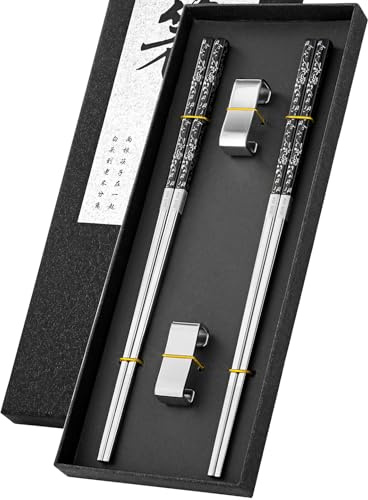 FOFAYU Bacchette riutilizzabili in metallo, 2 paia di bacchette in acciaio inox placcato al titanio, con supporto, lavabili in lavastoviglie, antiscivolo, stile giapponese, set regalo (nero argento)