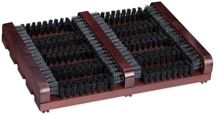 Relaxdays Pulisci Scarpe Ingresso con Spazzole Pulizia Sneaker e Suola Stivali, Tappetino con Setole Dure, Marrone Nero, Legno, 5,5 x 36 x 26 cm