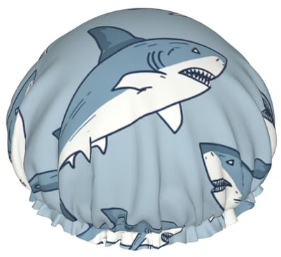 Doppelschichtige Duschhaube, wiederverwendbar, wasserdicht, Cartoon-Hai-Duschhaube, für Damen