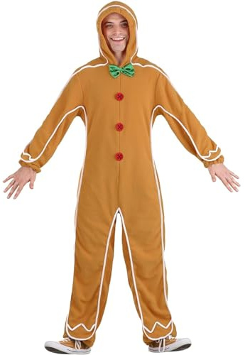 LYSINK Christmas Adults Kids Gingerbread Man One Piece Costume Hooded Long Sleeve Buttons Bow Party Cosplay Jumpsuit (Ba Ginger men, M)