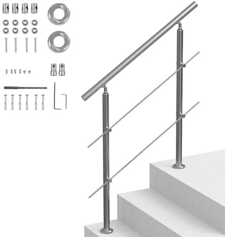 VEVOR Corrimano per Gradini Esterni, Kit Corrimano per Scale 2 Traverse 100 cm Lunghezza, Ringhiere Transizione Acciaio Inox Kit Installazione, Corrimano Scale Doppia Colonna per Veranda e Terrazza