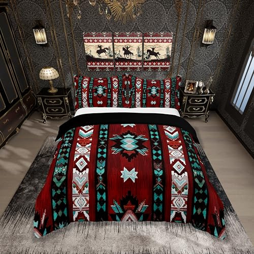 Loussiesd Rot Südwesten 100% Baumwolle Bettwäsche Set 135x200cm Geometrisch Bettwäsche Dekor Tribal Exotic Style Native American Indian Design Bettbezug Set Streifen Linie Bettwäsche-Set