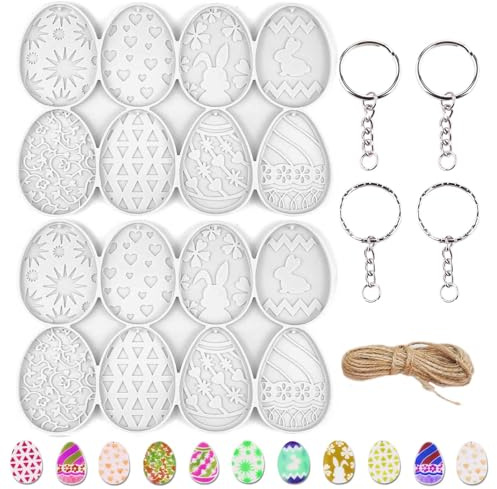 Ostern Silikonform Ostereier Epoxidharz Formen Hasen-Gießform – Premium Silikonset für Frühlingsfest: Eiersilikonanhänger & Schlüsselanhänger, 8 Verschiedene Muster