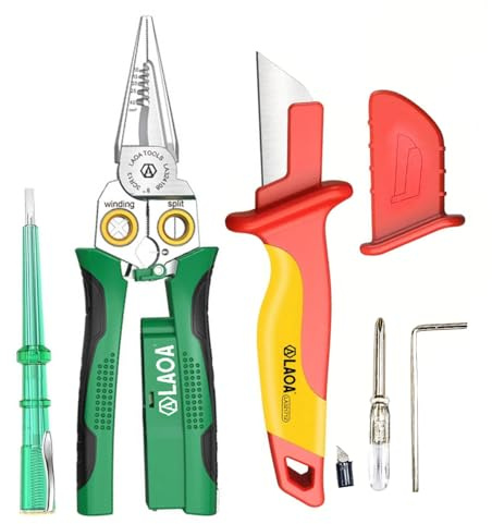LAOA Wire Stripper with Electricity Measurement,8-in-1 Wire Stripping Pliers for Cutting,Pulling Wires,Cable Scissors for Scraping,Pressing Wires,with Voltage Test,with LA321712 Insulation Knife