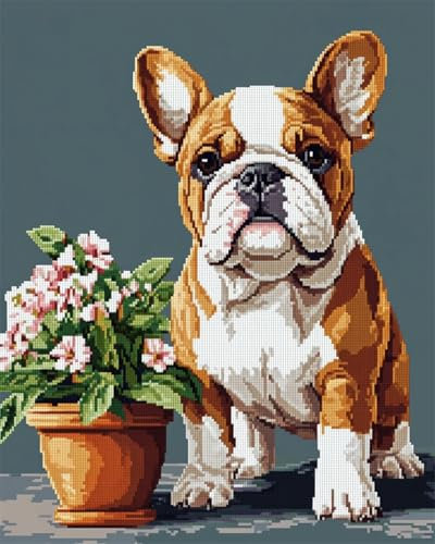 N.LANSHAN Diy Knüpfteppich Zum Selber Knüpfen Bulldoggen-Knüpfkissen-Set，Hund Und Blumen，Knüpfteppich-Set，Stickset，Knüpfteppich Für Anfänger，Bastelsets，Dekoration 80x115cm