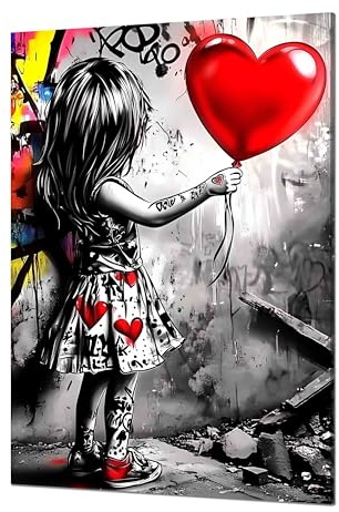 Kunstbruder© Wandbilder Banksy Gross hochkant Schlafzimmer Home Deko Wohnung Bild Wohnzimmer Bilder Leinwand Graffiti kunstdruck - Bunt gemälde (MädchenMitHerzballon, 80x120 cm)