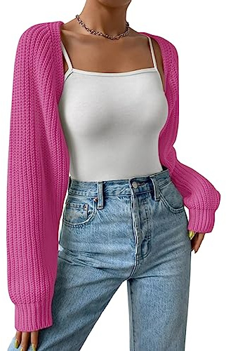 Edhomenn Women's Cropped Cardigans Long Sleeve Knit Shrug Open Front Ribbed Bolero Tops Summer Vacation Clothes (02 Pink, L)