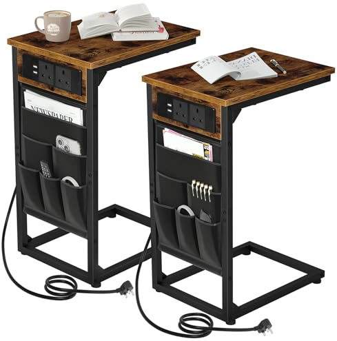 AMHANCIBLE C-Shaped Side Table with Charging Station, Side Table Set of 2 | Sofa Table with Cloth Storage Bag, Side Table Living Room, Coffee Table for Small Spaces,Bed Table for Bedroom, Rustic Brown