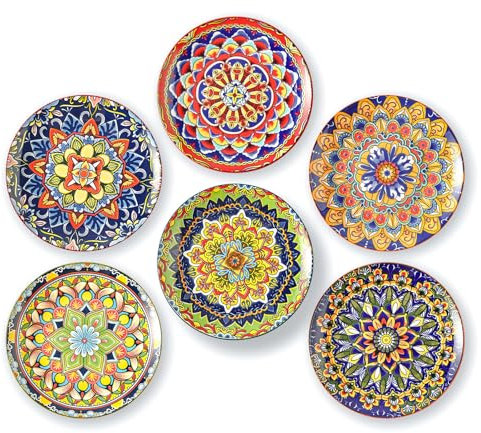 AHX Platos de Postre Colores de Cerámica - Juego de 6 Platos para Ensalada en Estilo Bohemio - Ideal para Servir Desayuno, Aperitivos y Tapas - Apto para Microondas y Lavavajillas - 22 cm
