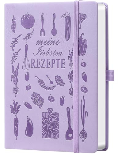 Rezeptbuch A5 zum Selberschreiben – Meine Lieblingsrezepte – DIY Koch- & Backbuch zum Ausfüllen – Hellviolettes Küchen-Design, 120g Papier (14,5 x 21cm) – Ideal zum Verschenken an Kochliebhaber