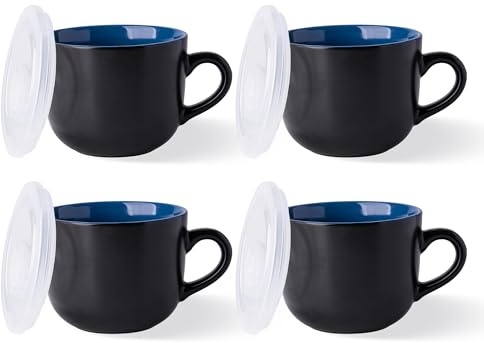 GBHOME Keramik-Suppentassen mit Deckel, 700 ml Suppenschalen mit Griff für Kaffee, Müsli, Salat, Nudeln, Tee, Suppenteller – Mikrowellen- & Spülmaschinengeeignet, Set aus 4 Stück