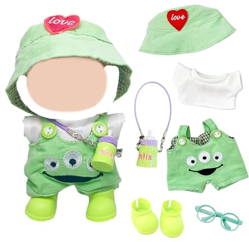Set di 6 vestiti per bambole compatibili con bambole da 17 cm, con occhi verdi, include t-shirt, bavaglino, pantaloni, cappello, scarpe, telaio con ciondolo, per ragazze e ragazzi, per il miglior
