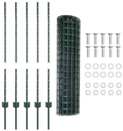 vidaXL Clôture avec poteau Vert 1 x 10 m Acier et PVC, Clôture de jardin ajustable, moderne et durable, séparateur d'espace, partition privée pour vos extérieurs