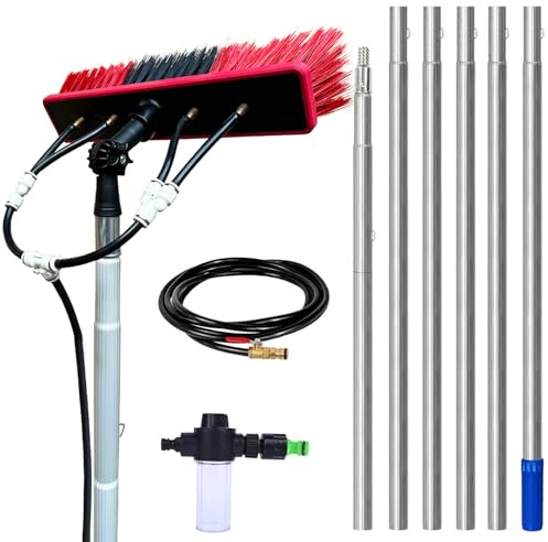 Brosse télescopique - 3 m - 13,6 m - Perche de nettoyage extensible à eau avec angle réglable et distributeur de savon - Raccord de tuyau universel pour panneaux solaires, fenêtres, toits, v