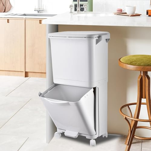 Pattumiera da cucina da 38 litri a 2 scomparti, siste-ma di separazione dei rifiuti riciclabili di grandi dimensioni, pattumiera a pedale per la separazione di secco e umido con coperchio per cucina