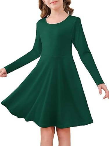 Haloumoning Vestido de niña de manga larga, cuello redondo, vestido casual de fiesta, A-linea, elegante, vestido de fiesta, monocolor, casual, midi, vestido festivo, para boda, vestidos para niños de