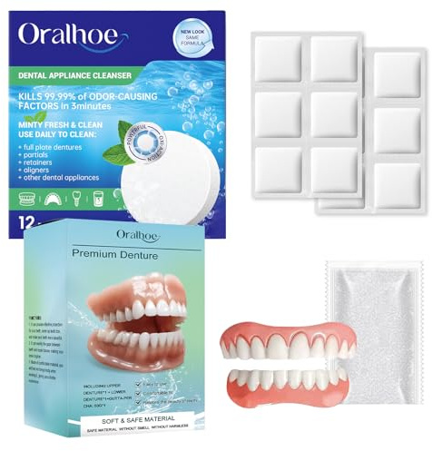 Premium Sofort-Haftende Zahnprothesen Für Ober & Unterkiefer Zahnersatz Selber Machen Mit 50g Zahnreparaturkleber & 12 Reinigungstabletten Zahnzement Künstliche Provisorischer Zähne Veneer