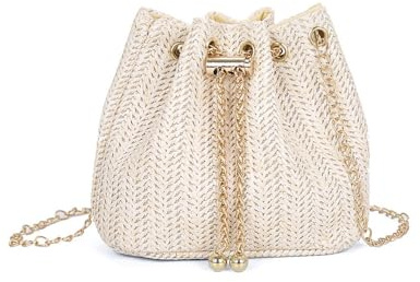 XFSRG Sac a Main Femme en Paille Plage d'Été Embrayage Bohème Élégante Tissée Clutch avec Chaîne pour Fête Mariage Vacances(Beige)