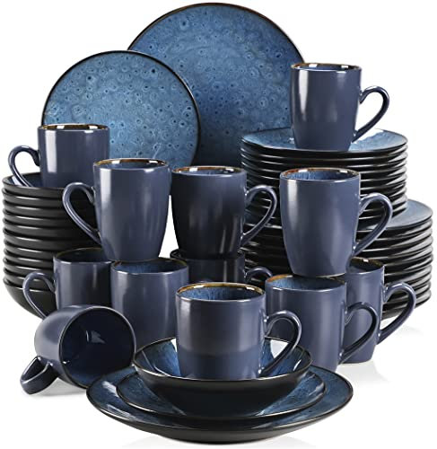 GUHPZA Set di Stoviglie in Ceramica Vintage con Piatti da Portata E da Dessert, Ciotola, Tazze da caffè, Blu, 48 Pezzi