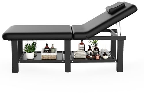 30.5'' Wide × 75'' Long Folding Stationary Massage Table with Backrest and Storage Space for Treatment Table Physical Therapy Table Spa Facial Bed, 6 Square legs, Metal Frame PU Leather - Black