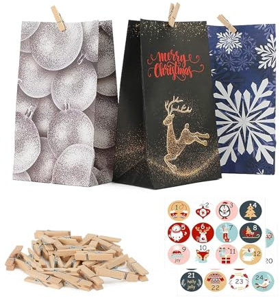 Adventskalender zum Befüllen 2025,24 DIY Adventskalender zum Befüllen Kinder mit Aufkleber Weihnachten,Weihnachtskalender Papiertüten zum Befüllen mit Aufkleber und Holzklemme
