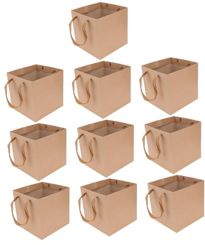 ROMISBABA 10 Stück Backbeutel aus Kraftpapier 20x20x20cm Quadratische Papiertüten Hellbraun Reißfest Vielseitig für Party Geschenk Blumen Take Away