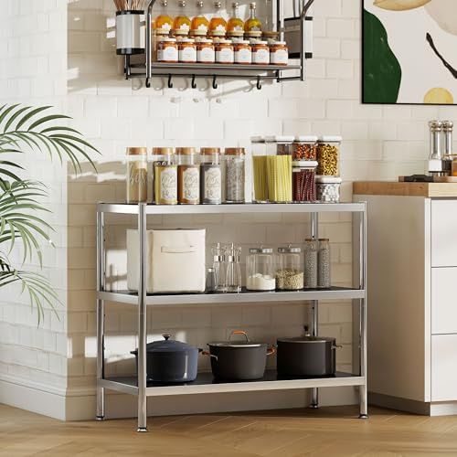 HOMCOM 3-Tier Bakers Rack with Storage, Stainless Steel Microwave Stand with Adjustable Shelves for Small Spaces, Kitchen Storage Unit for Spices, Pots and Pans, Silver Tone