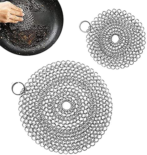 2 paquetes de estropajo de acero inoxidable 5 y 6 estropajo de cota de malla para sartenes de hierro fundido limpiador redondo reutilizable de hierro fundido para todo tipo de plancha, sartén, ho..