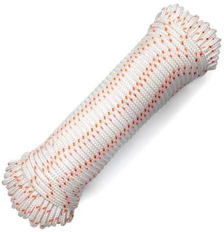 Heavy Duty Polyester Double Braided Rope, Arborist Rigging, Tree Work, Halyard, Sailing, 2200lbs High Strength Support for Camping, Hiking & Utility Use (White/Orange, 3/16in X 100FT)