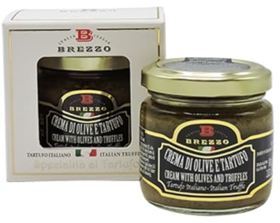 Brezzo | Vasetto Confezione Regalo Crema Olive e Tartufo | Olive e Tartufo Italiano Condimento Ideale Tartine Aperitivi Formaggi Pasta o Risotto - 80 Gr