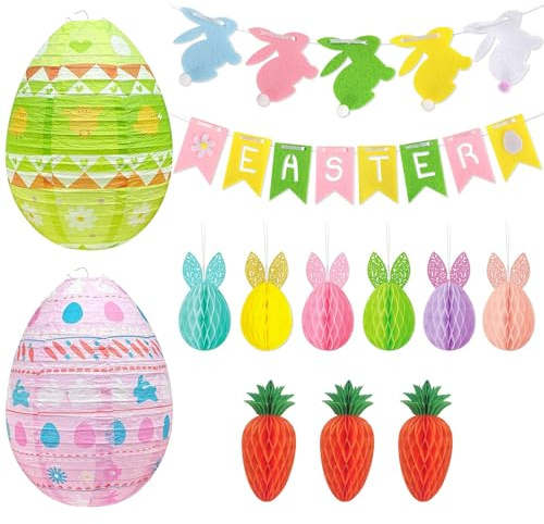 ZoneYan 15 Pcs Decoraciones de Panal Pascua, Decoraciones para fiestas de Pascua, Decoración Conejos Bolas Panal Pascua, Decoración Pascua Papel Colorido, Decoraciones de Pascua Huevos Colgantes