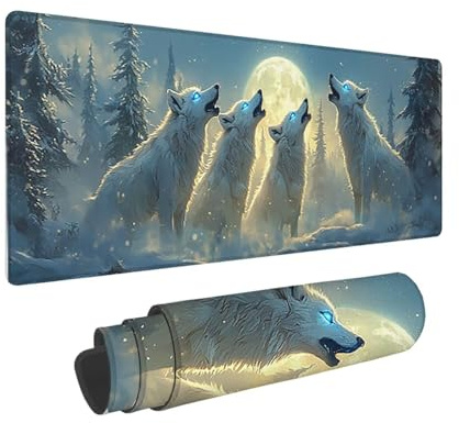 Tapis de Souris de Jeu, 1400 x 600 mm XXL Tapis Souris Gaming Grand, Antidérapant Étanche, iExtended Long Clavier Mouse Pad XXL, Accessoire Bureau, pour Gamer, Ordinateur, PC (Lune Loup) i-913
