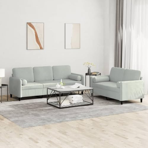 QUAHEAS 2-TLG. Sofagarnitur Hellgrau Samt, Bequemes Wohnzimmer Sofa Set mit 4 Rollkissen, Robuster Metallrahmen, Ideal zum Entspannen und Plaudern