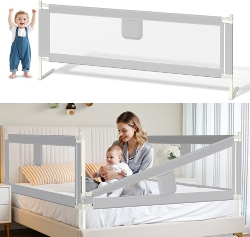 Vkechh Griglia di protezione per letto 200 cm x 2 + 180 cm x 1, griglia di protezione regolabile in altezza 64 – 96 cm, per neonati e bambini, con interruttore a doppio pulsante, facile da montare
