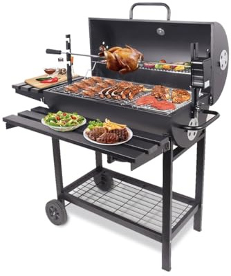 Charcoal BBQ Grill with Rotisserie Spit, Large Outdoor Garden Barbecue Trolley, Black