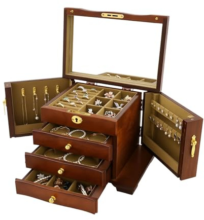 Schmuckkästchen Schmuckaufbewahrung,4 Ebenen Schmuckkasten mit 3 Schlüsselsperre Ausziehschubladen 2 Schwenkbaren Schränken Samtfutter,für Schmuck, Halsketten, Ringe