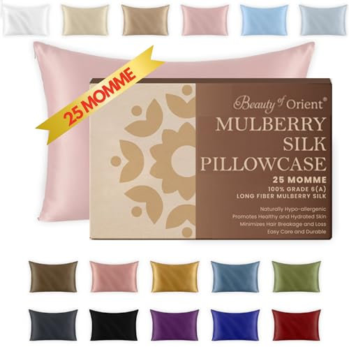 Beauty of Orient 25 Momme Premium-Kissenbezug aus Maulbeerseide für Haar und Haut, handgefertigt, hypoallergen und Anti-Akne-Seiden-Kissenbezüge mit Reißverschluss, Standard, 50,8 x 66 cm, Rosenwasser