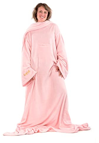 Snug Rug Deluxe Coperta con maniche Coperta con maniche originali Accogliente super morbido tessuto in pile corallo morbido maniche lunghe oversize e tasca a sacchetto Taglia adulti Quarzo rosa