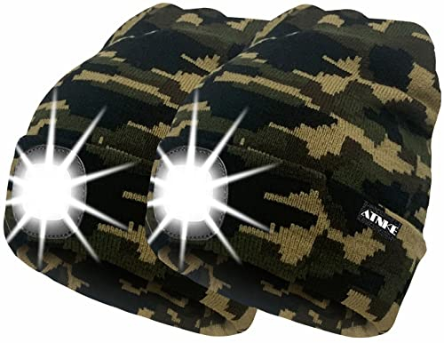 ATNKE 2Pcs Neue Warme LED beleuchtete Mütze,Unisex USB wiederaufladbare Laufmütze Ultra Bright 4 LED wasserdichte Lichtlampe Mehrfarbig/Camouflage Green