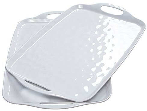 TP Large Serving Trays with Handles, 19 x 12 Melamine Serving Platters for Food, Turkey, Set of 2 Rectangular Trays for Party, Pure White